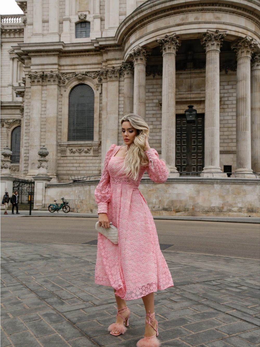 Romantic Pink Lace Midi Dress with Puff Sleeves